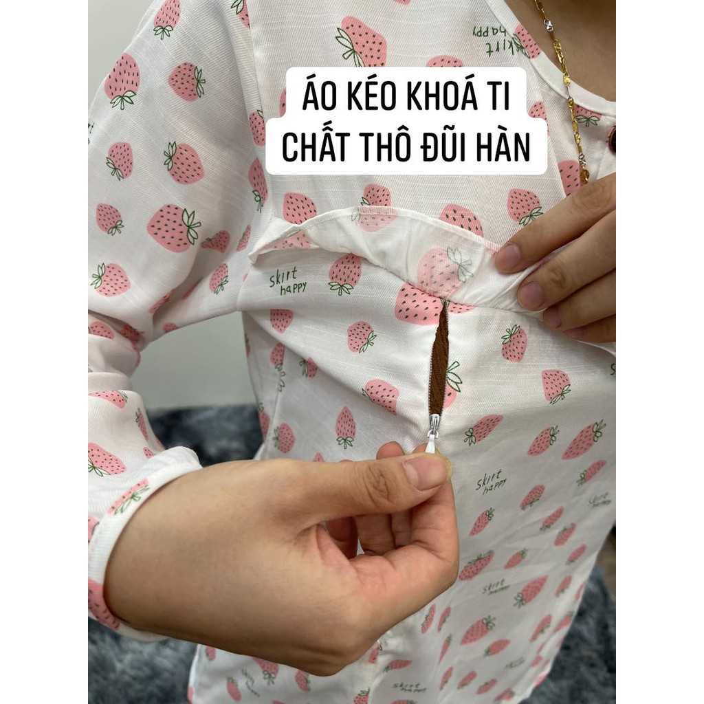 Bộ bầu sau sinh 2in1 chất vải thô đũi họa tiết áo mở khóa ngực quần chỉnh chun to nhỏ