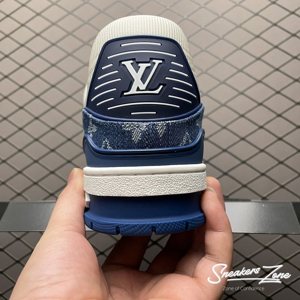 Giày Thể Thao LV Trainer Monogram Denim White Xanh Dương Vải Bò Cực Phong Cách Cho Cả Nam Và Nữ Sneakers World