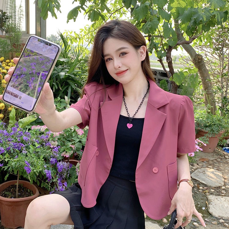 Áo khoác blazer SUXI tay ngắn màu trơn phong cách cổ điển thời trang mùa hè cho nữ