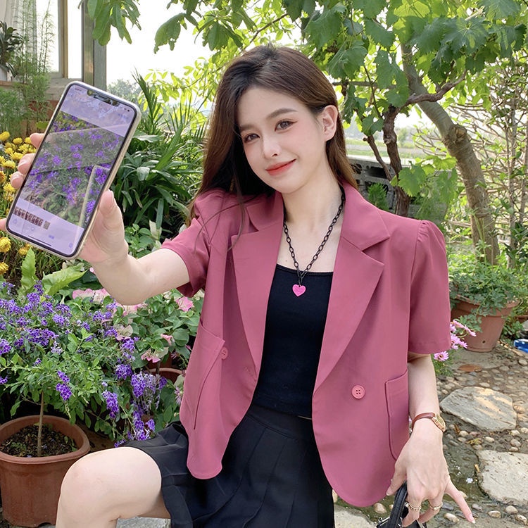 Áo khoác blazer SUXI tay ngắn màu sắc trơn phong cách vintage thời trang mùa hè cho nữ | BigBuy360 - bigbuy360.vn