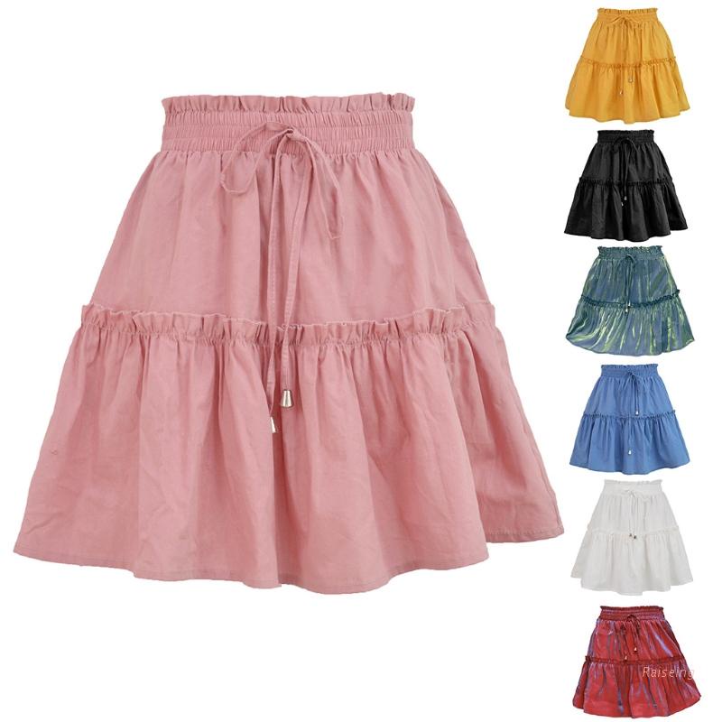 Chân Váy Xòe Chữ A Lưng Cao Màu Trơn Phối Dây Rút Phong Cách Boho Thời Trang Mùa Hè Cho Nữ