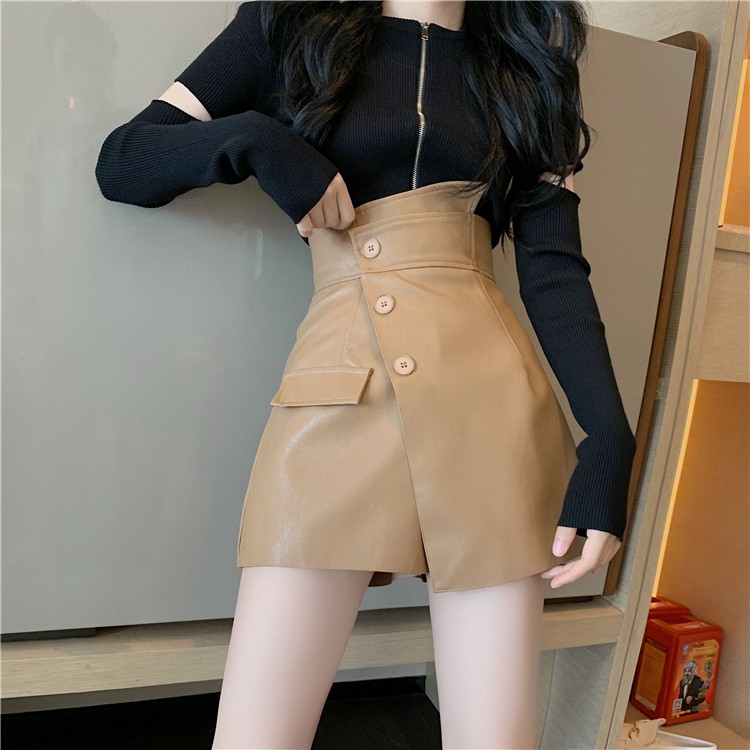 (ORDER) Áo len mỏng dài tay khóa dọc + quần shorts da PU giả váy