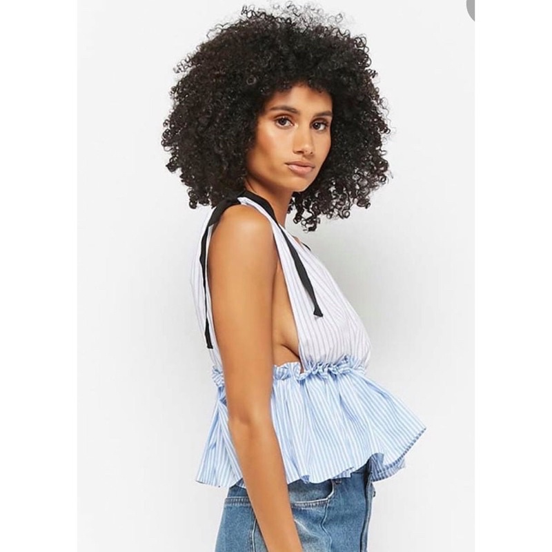 Áo Sọc Peplum Nơ Vai Nhún Eo FOREVER 21 Cổ V Hàng Xuất Dư Xịn Cao Cấp Full Tag Ver06
