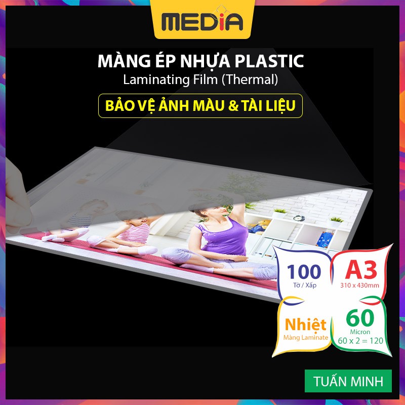 Màng Ép Plastic A3 MEDIA inkjet, Màng Ép Nhựa , Kích Thước 31 x 43cm (A3), Độ Dày 60 Micro, 100 Tờ