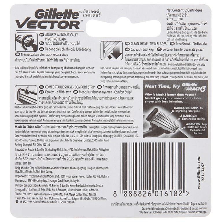 Vỉ 2 Đầu dao cạo râu lưỡi kép Gillette Vector Plus Razor 1Up