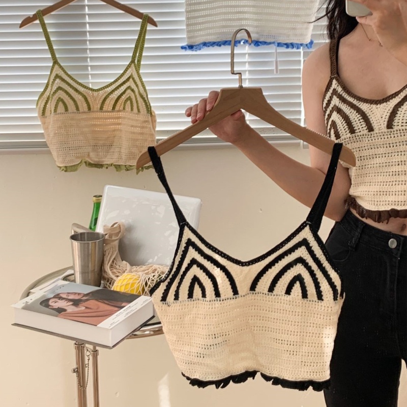 Áo Croptop Dệt Kim Hai Dây Kẻ Sọc Kiểu Vintage Đường Phố Hàn Quốc Thời Trang Mùa Hè Cho Bạn Gái