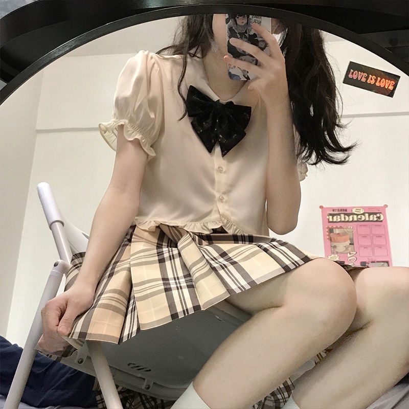 Áo sơ mi phong cách đại học Nhật Bản tay ngắn ren màu trắng dễ thương jk cho nữ 7bGX