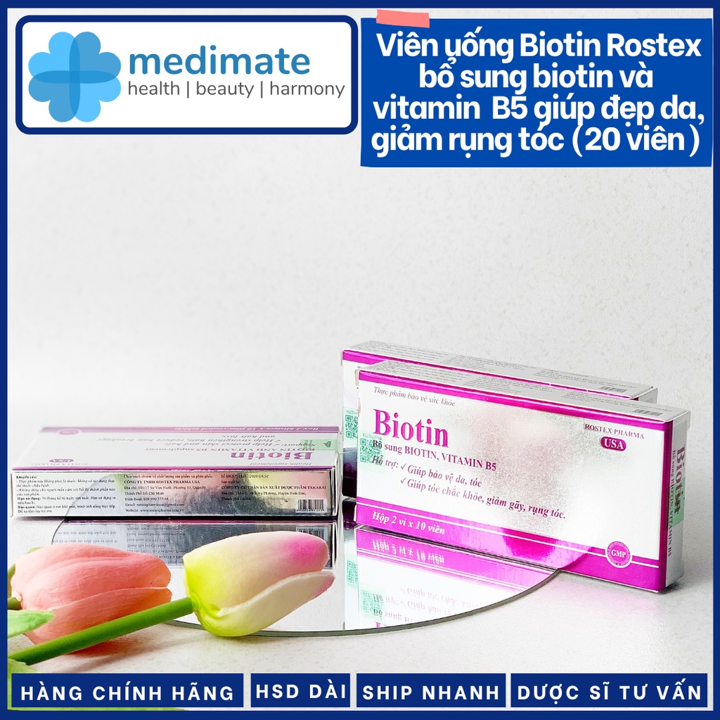 Biotin Rostex viên uống bổ sung biotin và vitamin B5 giúp đẹp da, da mịn màng, tóc dày bóng, móng chắc khỏe (20 viên)