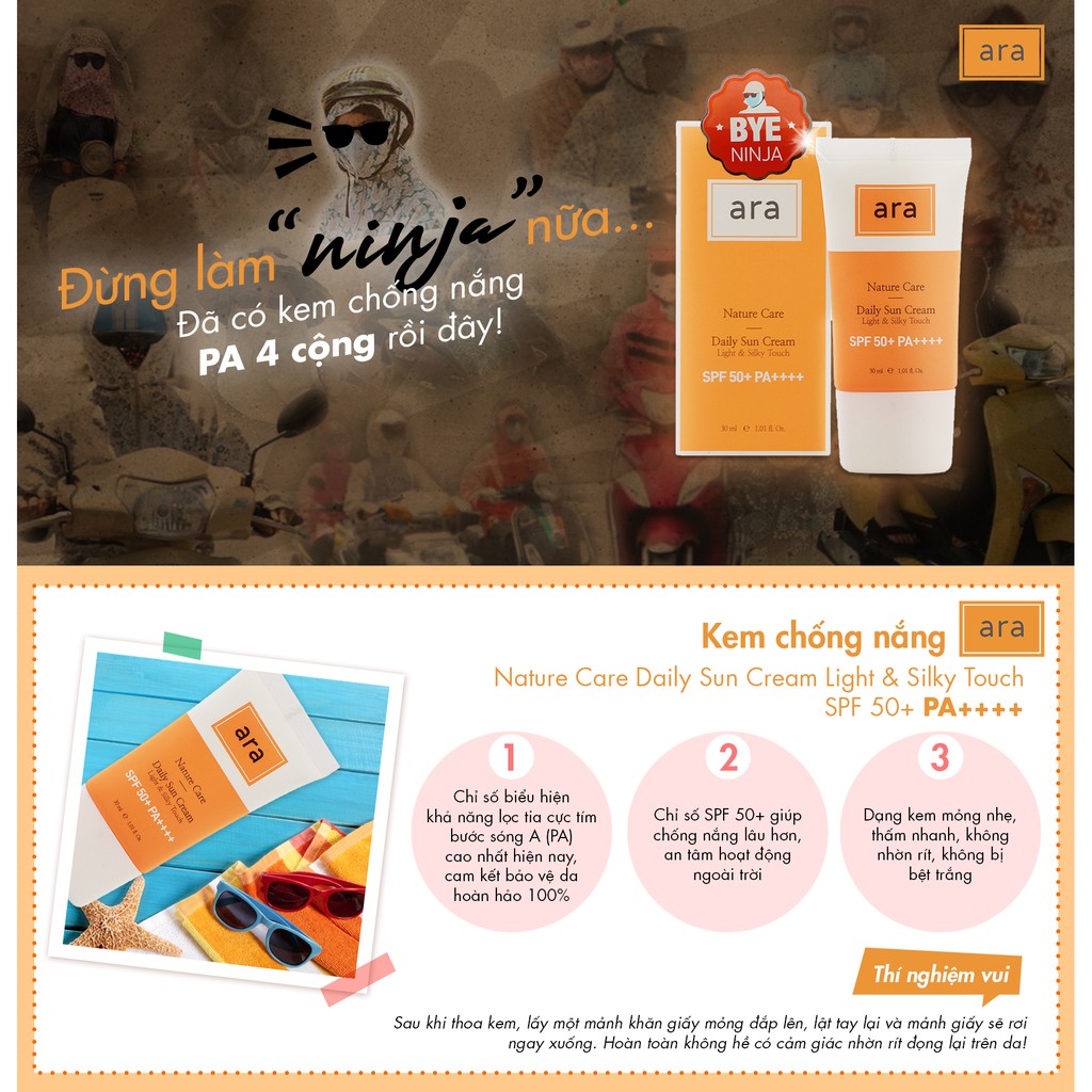 [Hàng chính hãng] Kem chống nắng ARA Nature Care Daily Sun Cream Light & Silky Touch SPF 50+ PA++++