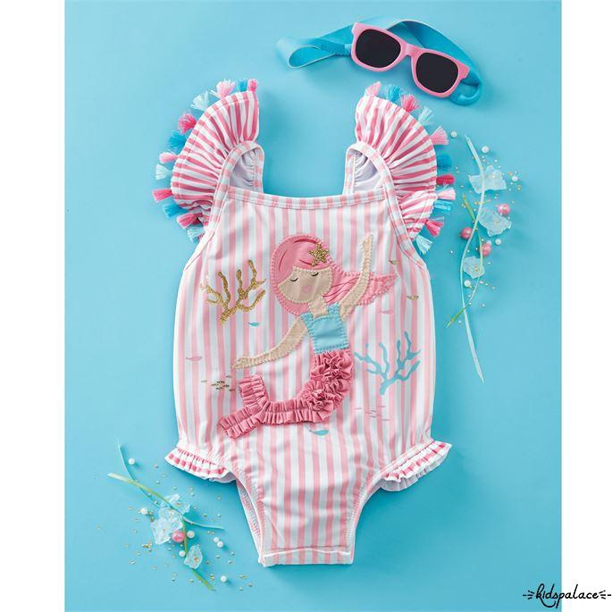 ➤♕❀❤Baby Girls Striped Sleeveless Tassel Ruffle Cartoon Cute Mermaid Pattern Bathing Suit