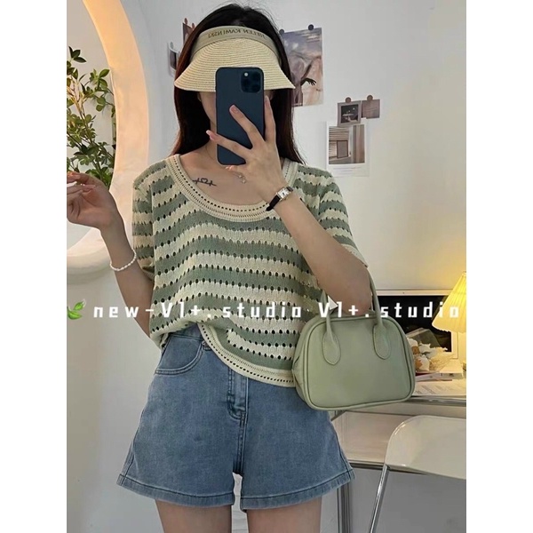 Áo len mongtoghi nữ cộc tay và sát nách kẻ ngang hàng QC