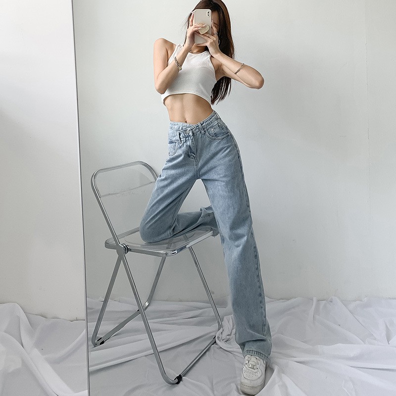Quần Jeans Ống Rộng Cạp Chéo Kiểu Dáng Ulzzang - Quần Ống Rộng Chất Liệu Jeans Lưng Cao QD027