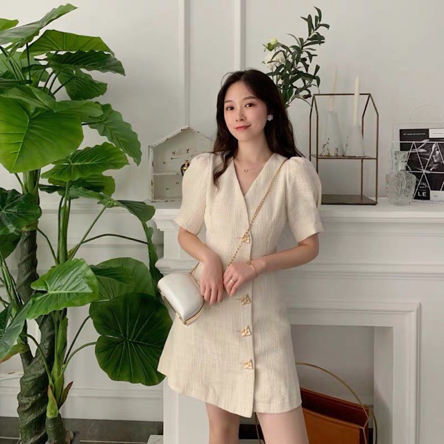 Đầm suông cổ V sang trọng ulzzang / Đầm suông tay phồng vải bố dày nút xéo dự tiệc QC