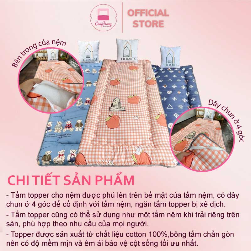Tặng Kèm Túi Xách - Topper nệm bông xuất Nhật HOMIES, Đệm Topper ngủ trưa văn phòng, Tấm làm mềm đệm cotton mềm mại