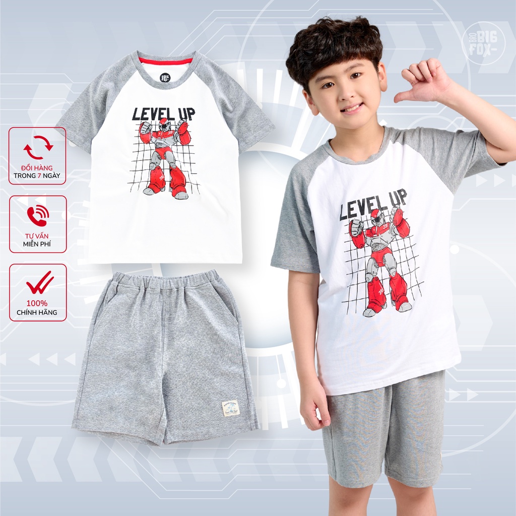 Bộ Quần Áo Bé Trai Đại BIGFOX MISS MEOW Phối Tay Giác Lăng Mặc Mùa Hè Chất Cotton In Robot LEVEL UP Size 3-11 Tuổi