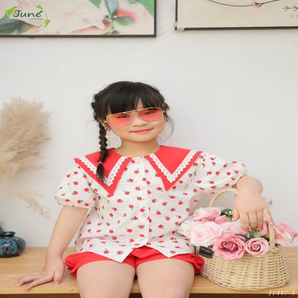 Set Bé Gái Cổ Hải Quân Cách Điệu Phối Ren Quần Linen Mềm Mại Cực Xinh Shushibaby