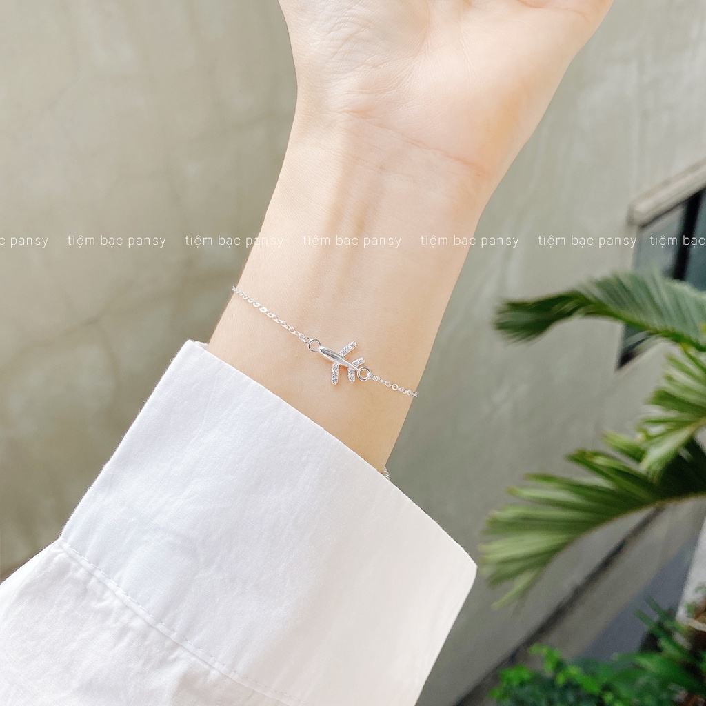 Lắc tay bạc nữ PANSY mặt hình máy bay, vòng tay nữ bạc ta thật Planes