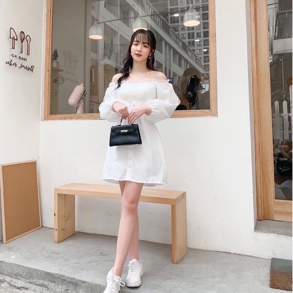 Váy trắng trễ vai tay bồng cúc bọc tiểu thư xinh xắn, ĐÀM TRẮNG trễ vai tay bồng tiểu thư