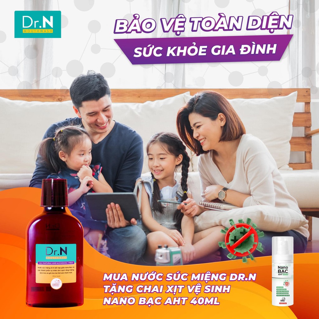 Nước súc miệng - súc họng nano bạc Dr.N 350ml, không cay the, tẩy mảng bám, trẻ em dùng được