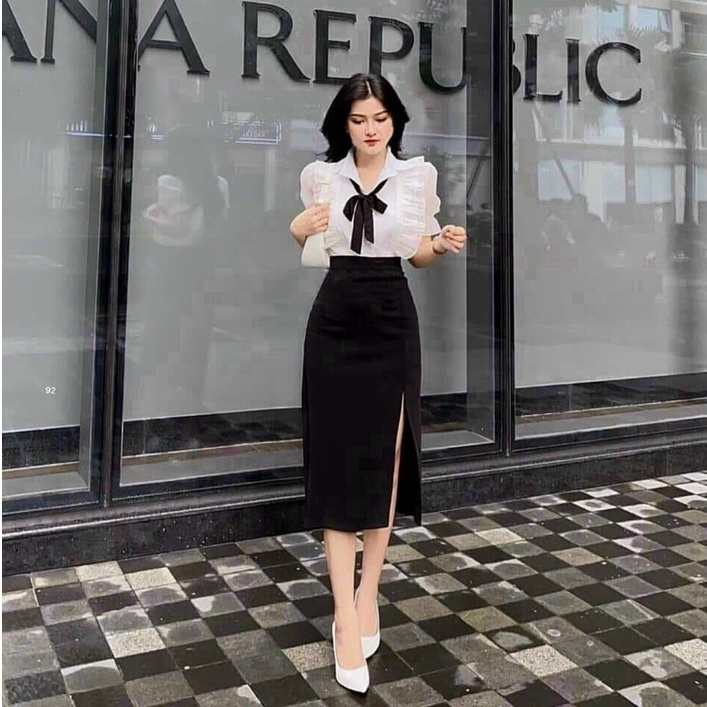 Sét Áó 2 Lớp Bèo Cài Nút Thật  Có Nơ,Cổ Sơ Mi Kèm Chân Váy Xẻ Tà Mẫu Như Hình Siêu Xinh Phù Hợp Mọi Phong Cách