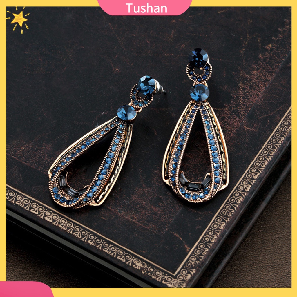 Bông tai dáng dài đính đá xanh dương thời trang dự tiệc cho nữ