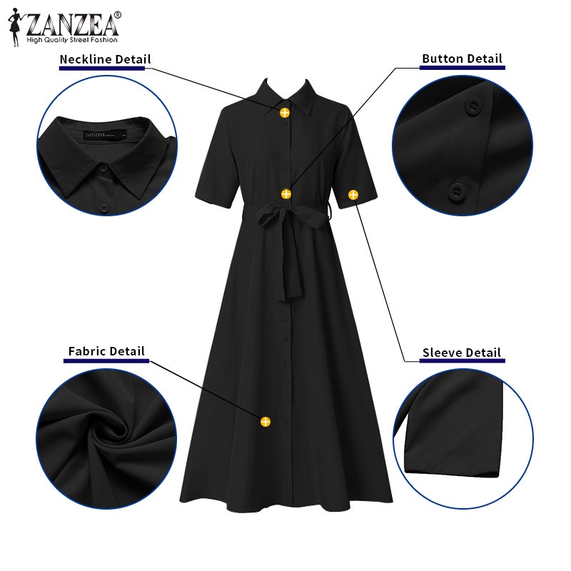 ZANZEA Đầm Dài Dáng Chữ A Tay Lửng Cài Nút Nhấn Eo Phong Cách Retro Đường Phố Châu