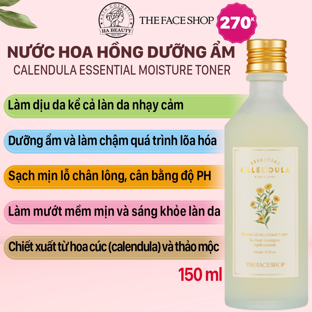 Nước hoa hồng dưỡng ẩm se khít lỗ chân lông cân bằng trẻ hóa da The Face Shop Calendula Essential Moisture Toner 150ml