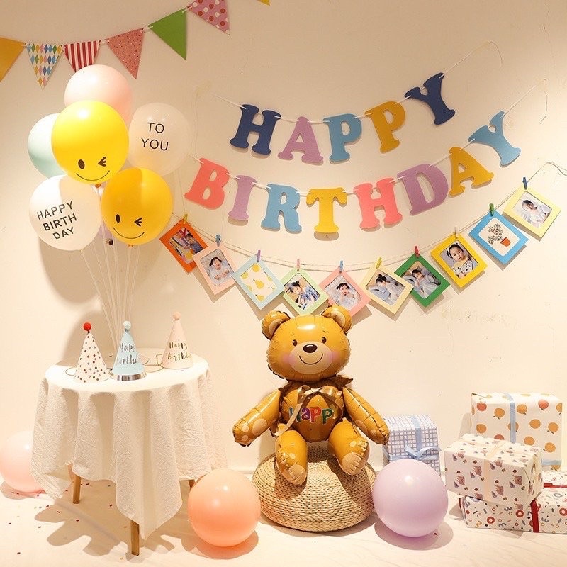 Set bóng trang trí sinh nhật tone màu nâu, cam kèm gấu 3D như hình
