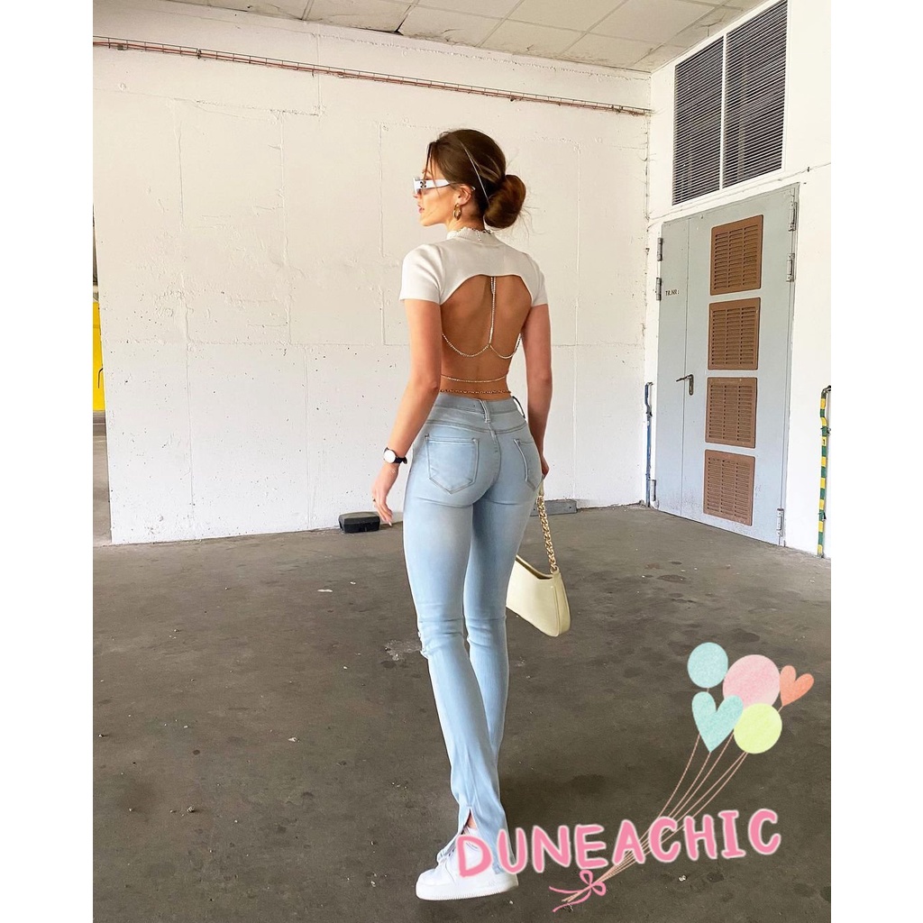 Quần jean DUNEA ôm dáng thiết kế rách gối cá tính thời trang dành cho nữ