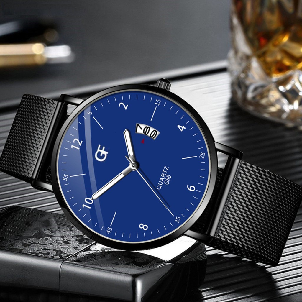 Đồng hồ nam ECONOMICXI cao cấp chạy lịch ngày dây thép lụa đen mặt mỏng lịch lãm GF69