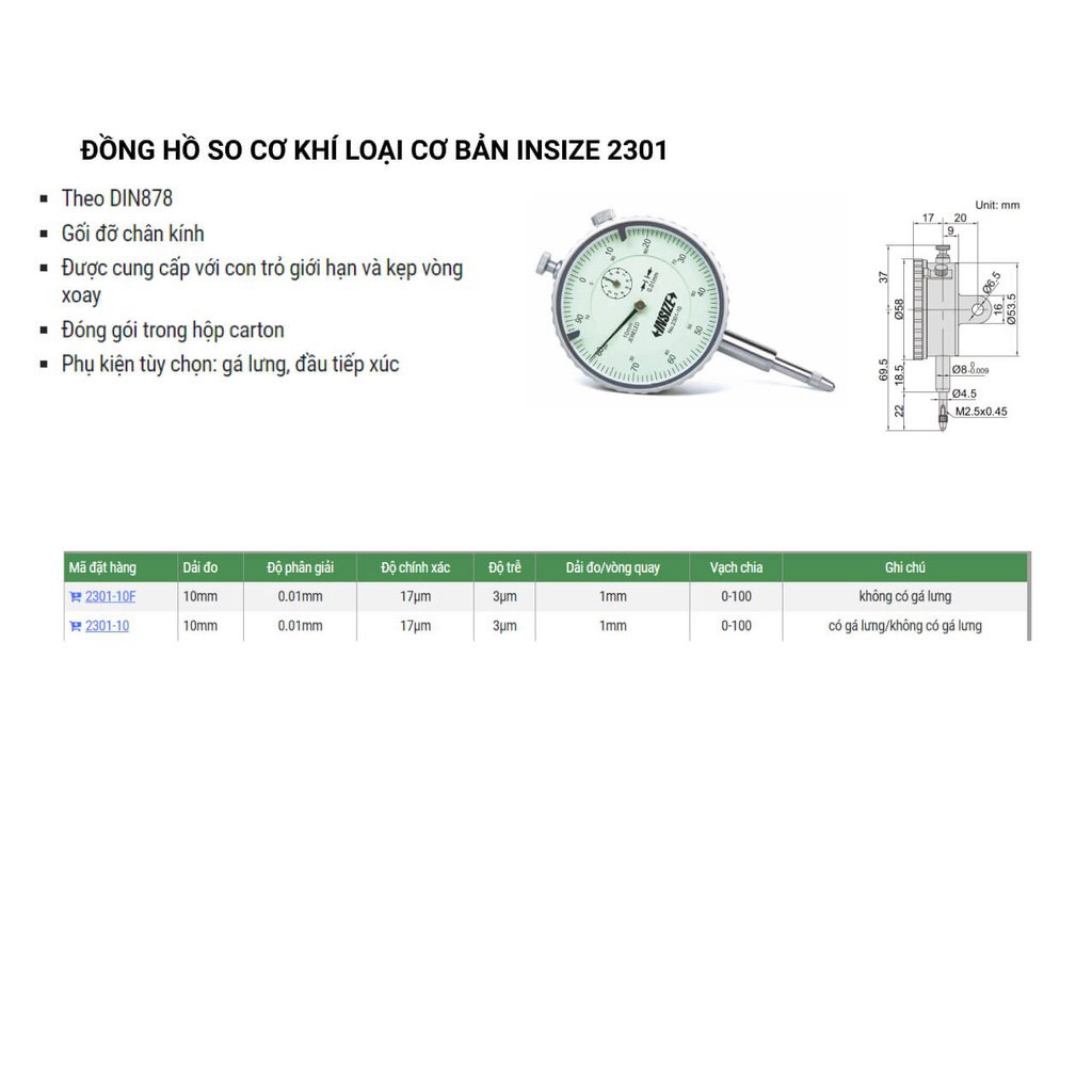 Đồng hồ so cơ khí INSIZE 2301 Chính hãng Chất Lượng Cao