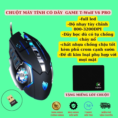Chuột máy tính có dây chuyên GAME T-Wolf V6 PRO Full Led, Chuột gamming siêu nhạy chỉnh 800 - 3200DPI, Đế di kim loại