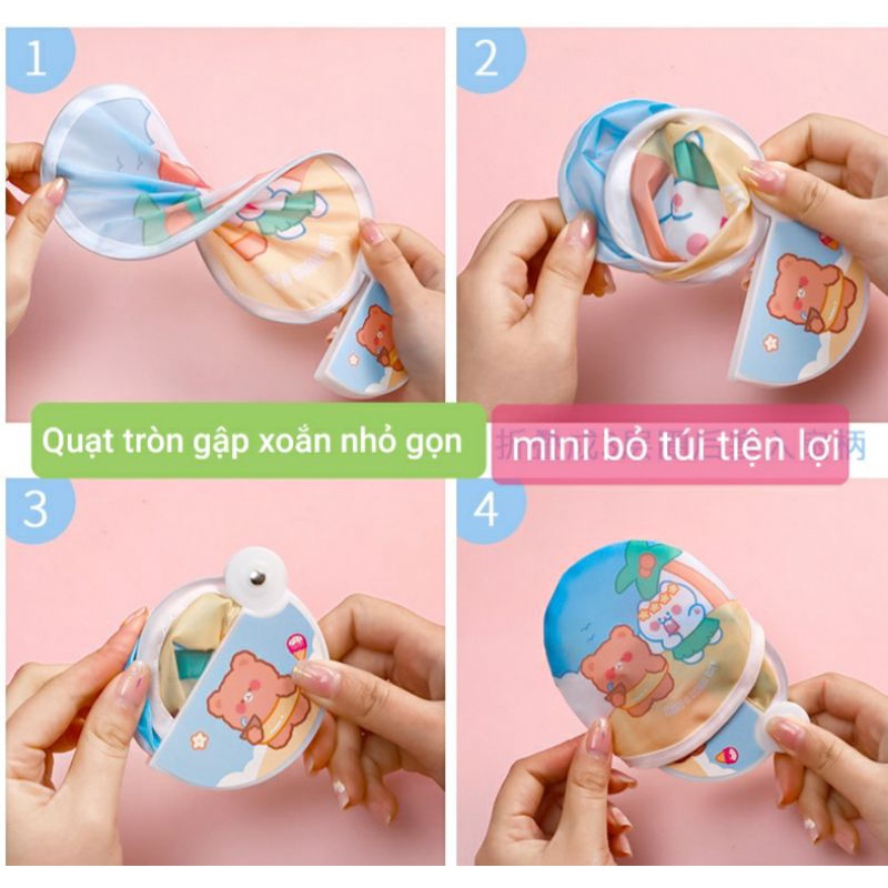 Quạt gấp gọn tự bung bỏ túi nhỏ gọn tiện dụng, quạt vải tròn mini cầm tay xoắn gập dễ thương