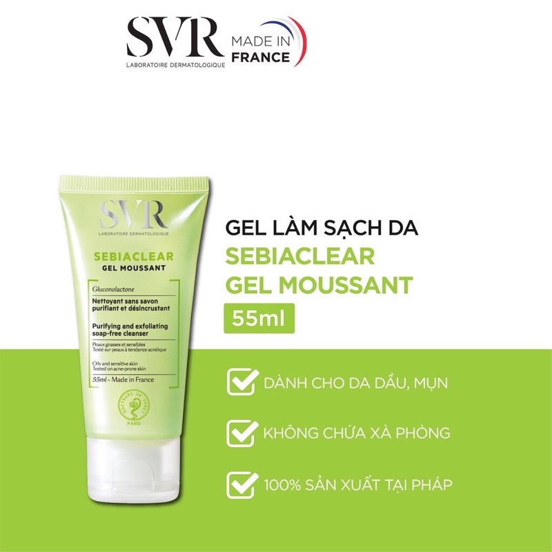 Bộ Đôi Gel Rửa Mặt SVR SEBIACLEAR Gel Moussant 55ml và Tẩy Trang SEBIACLEAR Eau Micellaire Cho Da Dầu Mụn 75ml