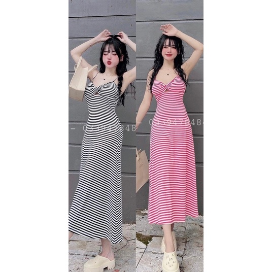Đầm from xoè gân sọc xoắn ngực có mút ngực