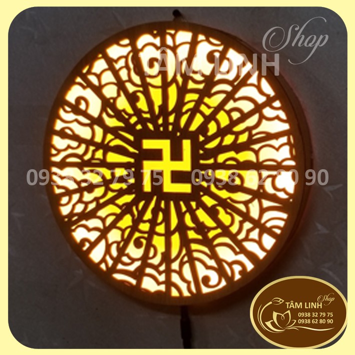 Hào Quang Led Cắt CNC Vân Mây Trên Gỗ Hoa Sen Và Chữ Vạn