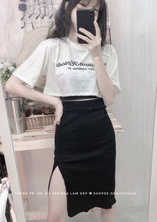 Set áo croptop phối chân váy xẻ tà
