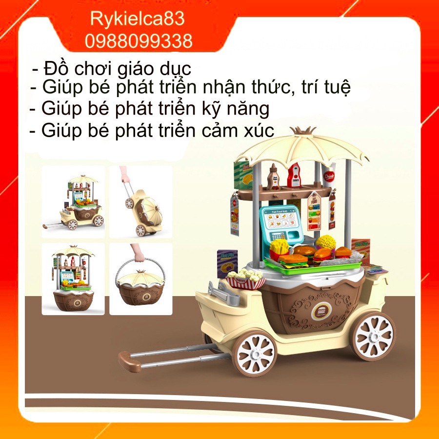 Bộ đồ chơi xe đẩy,vali kéo đầu bếp,bán hàng ăn nhanh lưu động thông minh màu vàng nâu cho bé trai, gái bằng nhựa hộp to