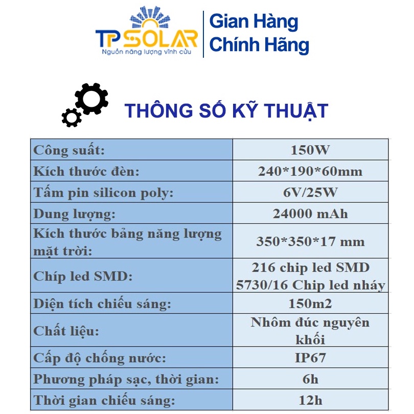 Đèn Pha Năng Lượng Mặt Trời Led Kim Cương Chống Chói Chống Lóa TP Solar  TP-G150 Công Suất 150W Bảo Hành 3 Năm