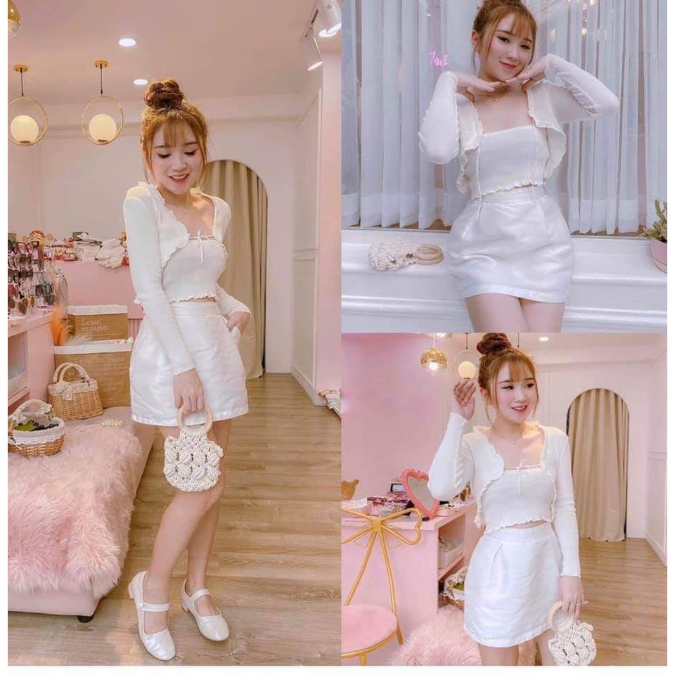 SET 2 MÓN ÁO CROPTOP DÀI TAY TĂM DÂY RÚT NỮ :cherry_blossom: ÁO CARDIGAN NGẮN VIỀN BÈO + ÁO QUÂY BODY TRẮNG | ĐEN ULAzan