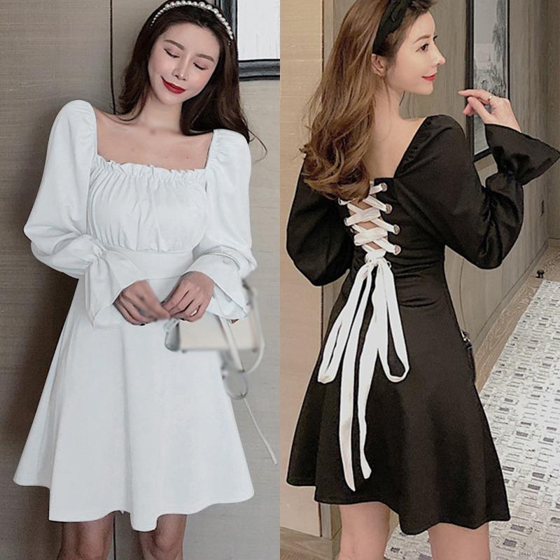 Đầm Tay Dài Cổ Vuông Thiết Kế Hở Lưng Quyến Rũ Cho Nữ