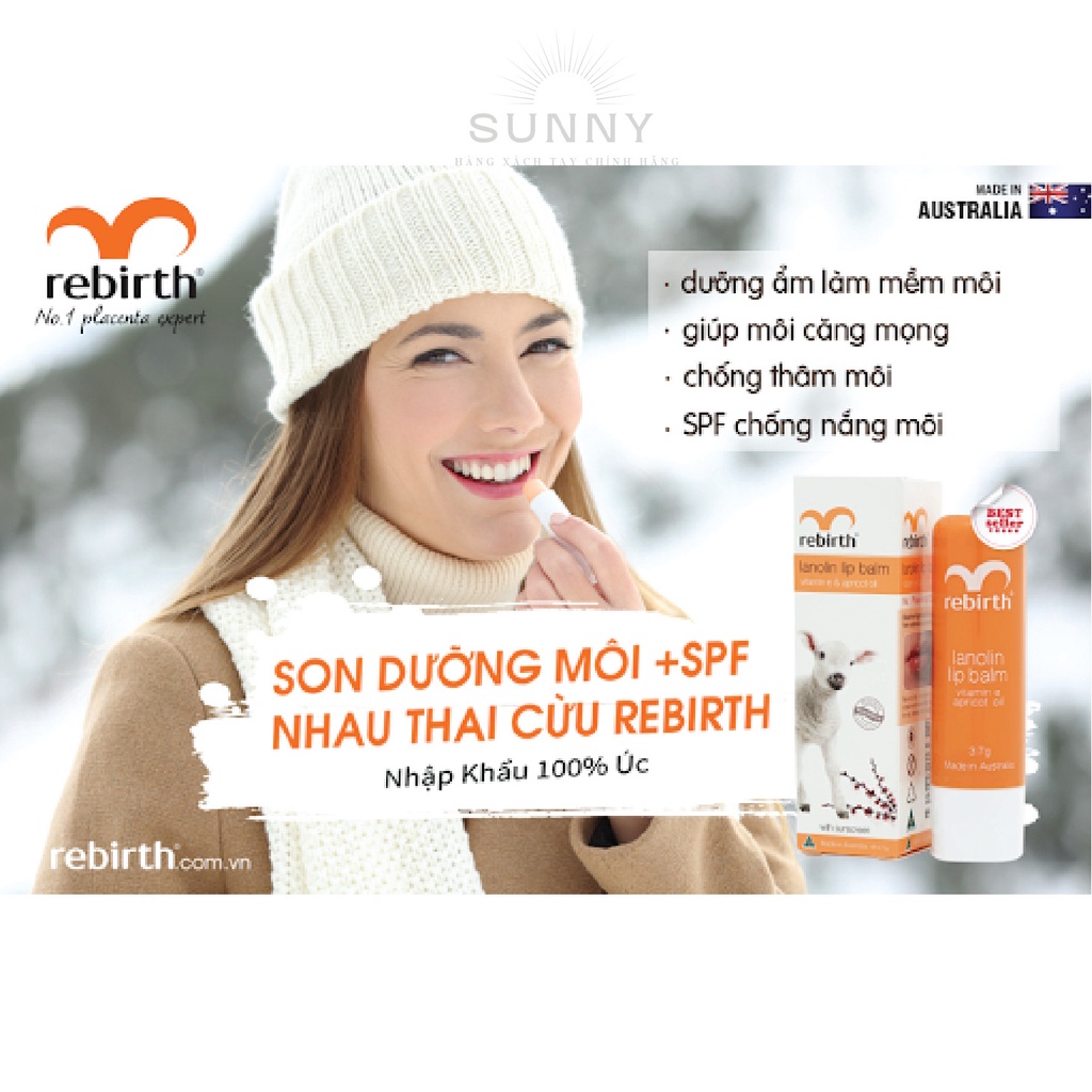 Son dưỡng môi Rebirth Cừu Úc cấp ẩm, giúp đôi môi mềm mại, căng mọng