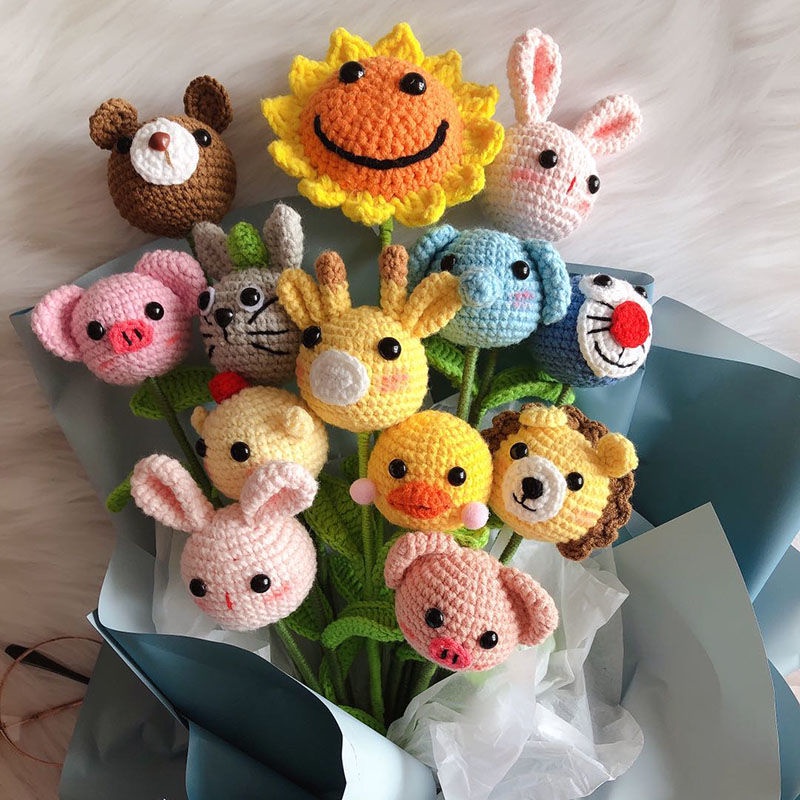 Sản Phẩm Hoàn Thiện Bó Hoa Đầu Búp Bê Đan Móc Thủ Công Hình Động Vật Hoạt Hình Dễ Thương Làm Quà Tặng Kỳ Nghỉ