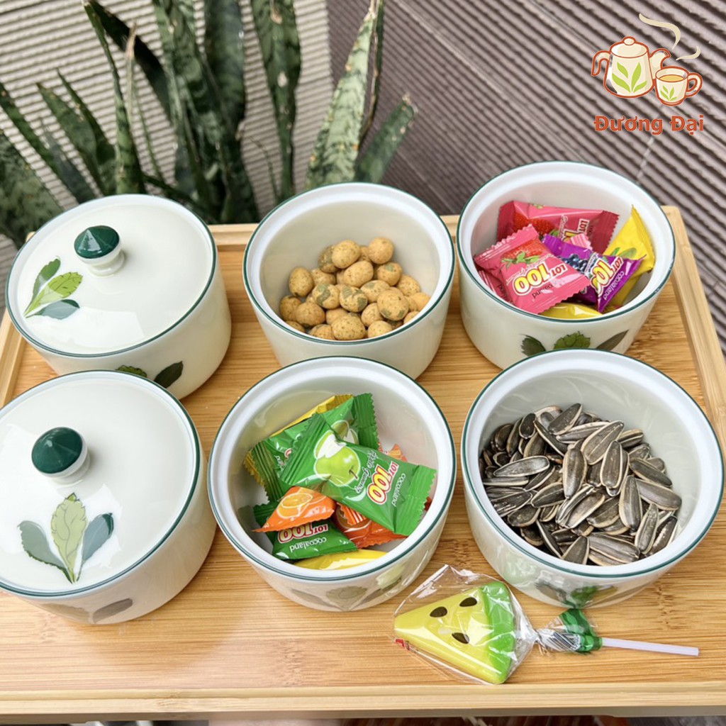 01 hũ đựng mứt sứ men kem họa tiết vẽ tay Gốm Sứ Bát Tràng Đương Đại