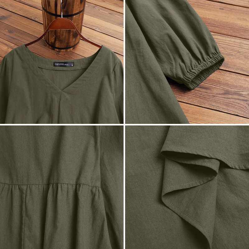 Áo ZANZEA tay phồng cổ chữ v màu trơn thời trang cho nữ