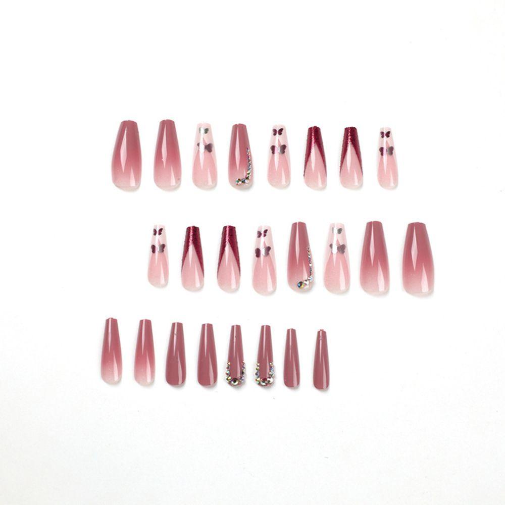 Bộ 24 Móng Tay Giả Ngắn Đính Đá Hình Bướm Hồng Xinh Xắn