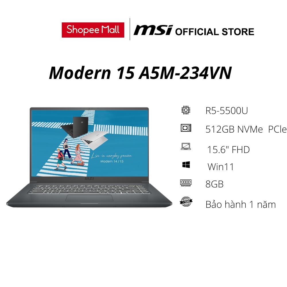 Laptop MSI Modern 15 A5M 234VN R5 5500U/8GB/512GB/15.6"FHD/Win 11_Hàng Chính Hãng