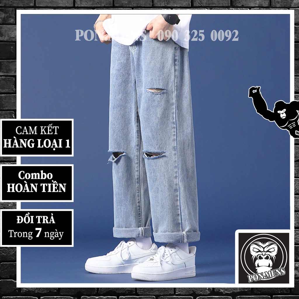 Quần jean ống rộng nam rách gối VNXK màu xanh 2021 040 Pon.mens | BigBuy360 - bigbuy360.vn