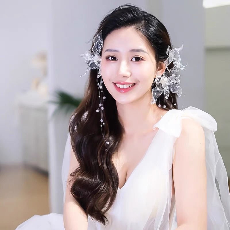 Cặp kẹp tóc tai đính đá pha lê trong suốt phong cách Nhật Hàn dành cho cô dâu