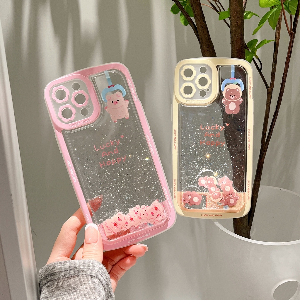 Ốp Điện Thoại Dẻo Họa Tiết Hoạt Hình Heo Có Nước Kim Tuyến Lấp Lánh Chống Rơi Cho iPhone 14 / 13 / 12PRO MAX / 11 / 13PRO MAX